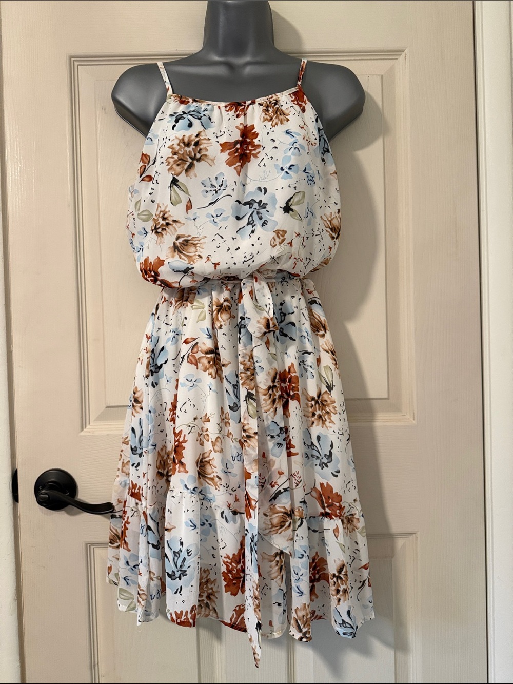 White Floral Halter Dress with Brown & Blue Blossoms